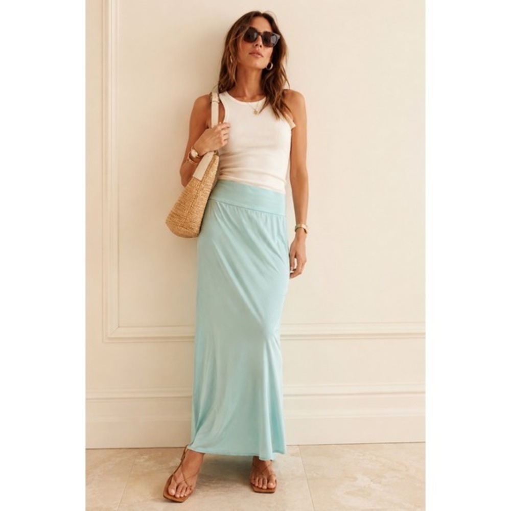 Mint Green Stretch Cotton Maxi Skirt High Waist Casual Boho Flowy Women's M